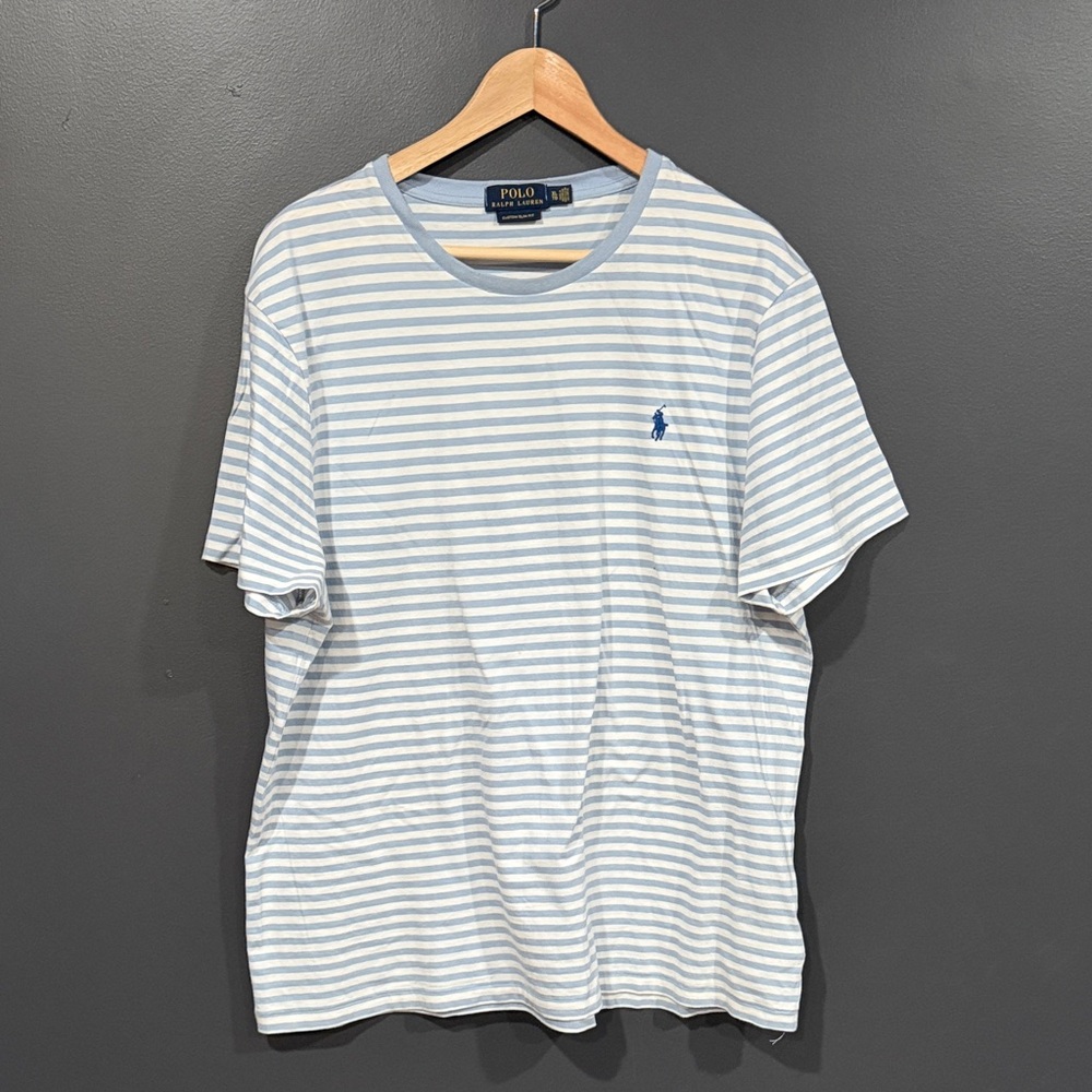 Polo by Ralph Lauren Men's Light Blue and White Striped Tee